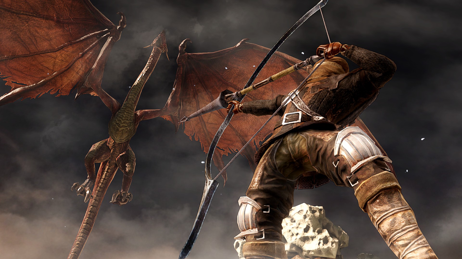 Un archer vise un dragon au-dessus d’une terrasse de pierre.