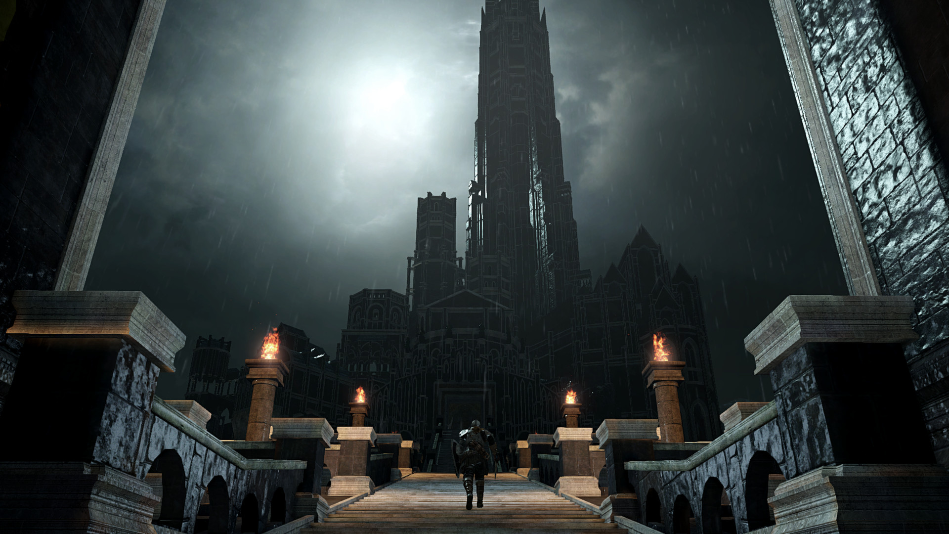Un aventurier s’approche d’une grande forteresse sous un ciel sombre.