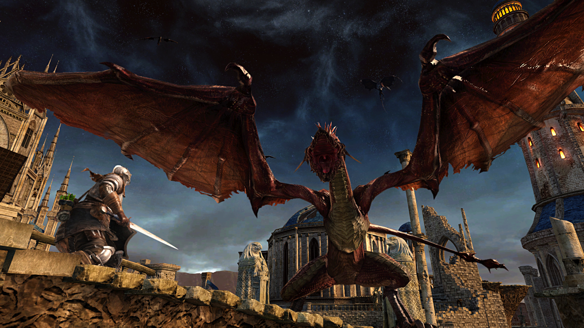 Des combattants font face à un dragon aux ailes déployées.