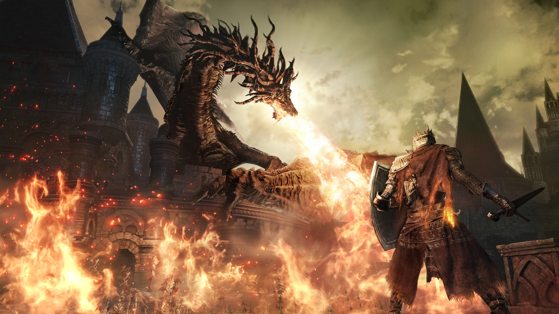Un dragon crache du feu devant un combattant près de remparts.