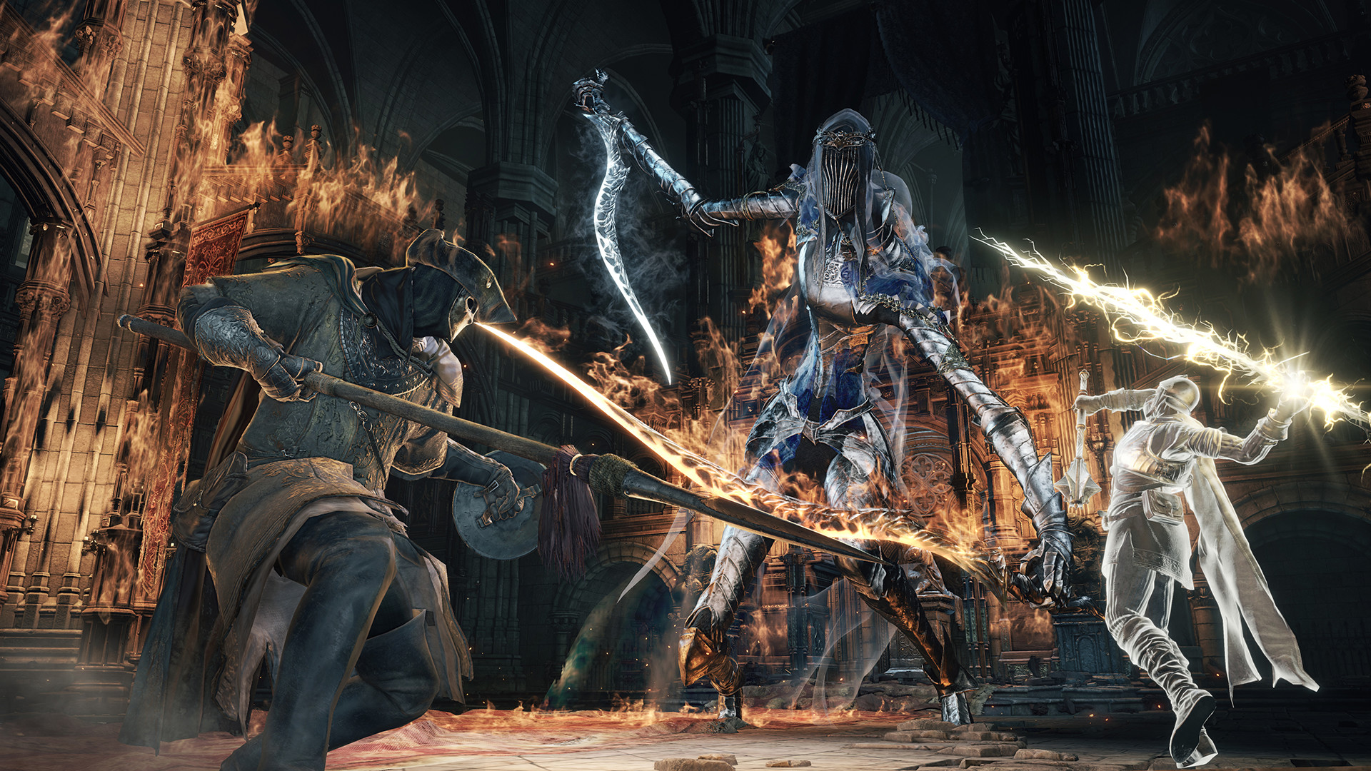 Plusieurs combattants et fantômes attaquent un grand adversaire armé.