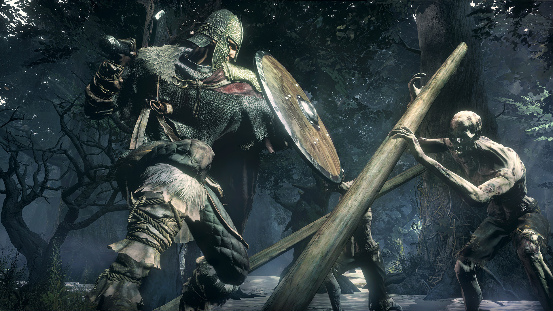 Un personnage affronte des morts-vivants entre des arbres.