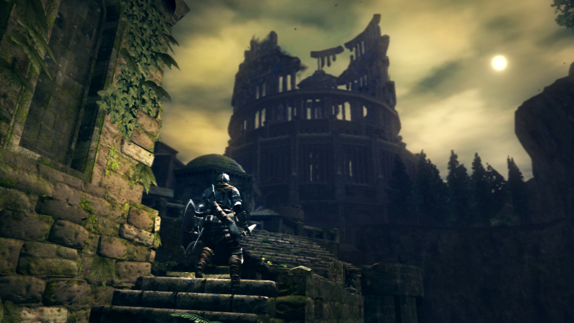 Un aventurier monte des marches vers les ruines d’une cité.