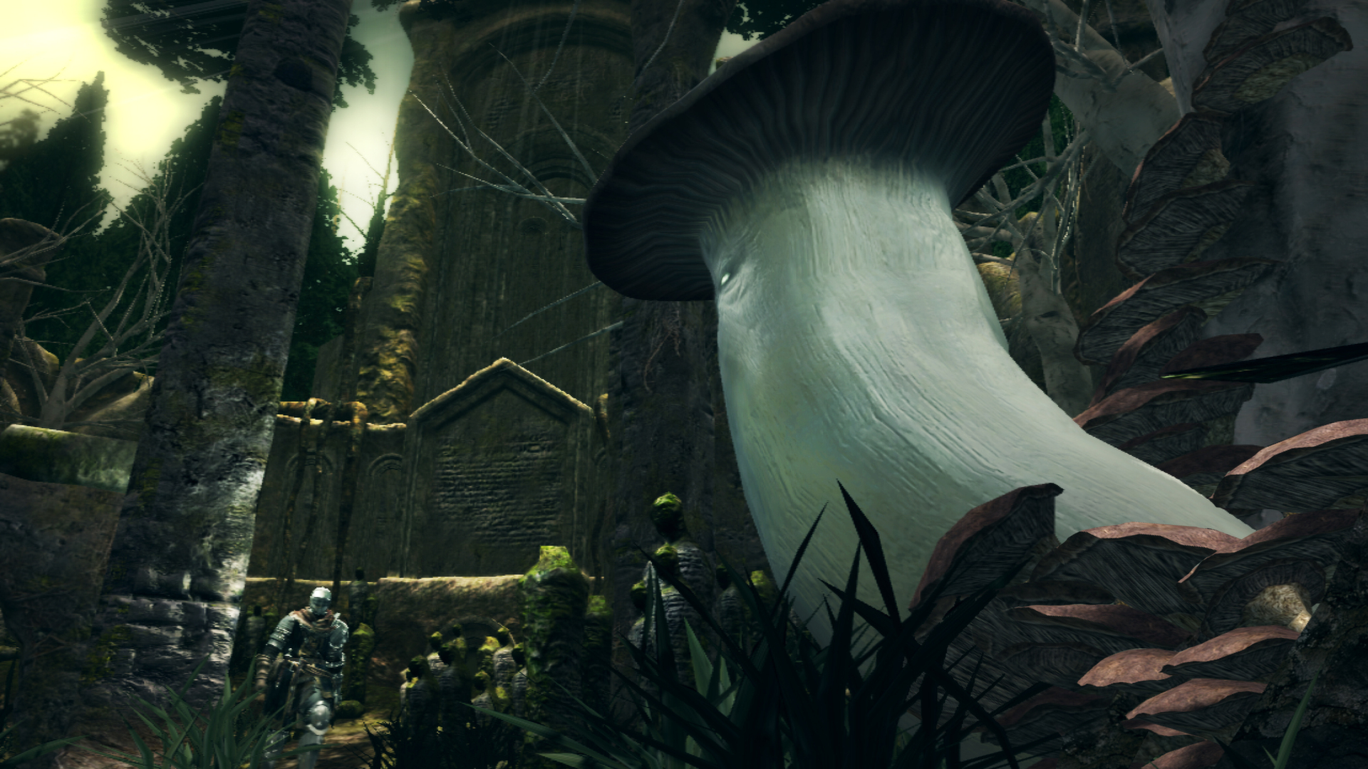 Un personnage rencontre une grande créature ressemblant à un champignon.