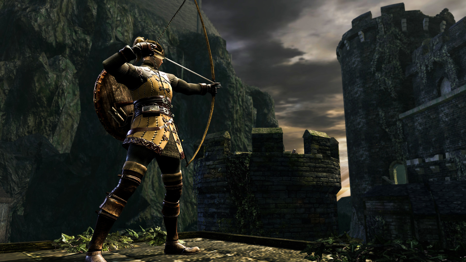 Un personnage tend son arc au pied de grands remparts.