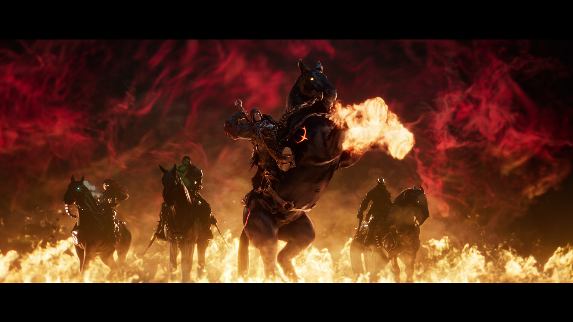 Des cavaliers apparaissent au milieu des flammes sous un ciel rouge.
