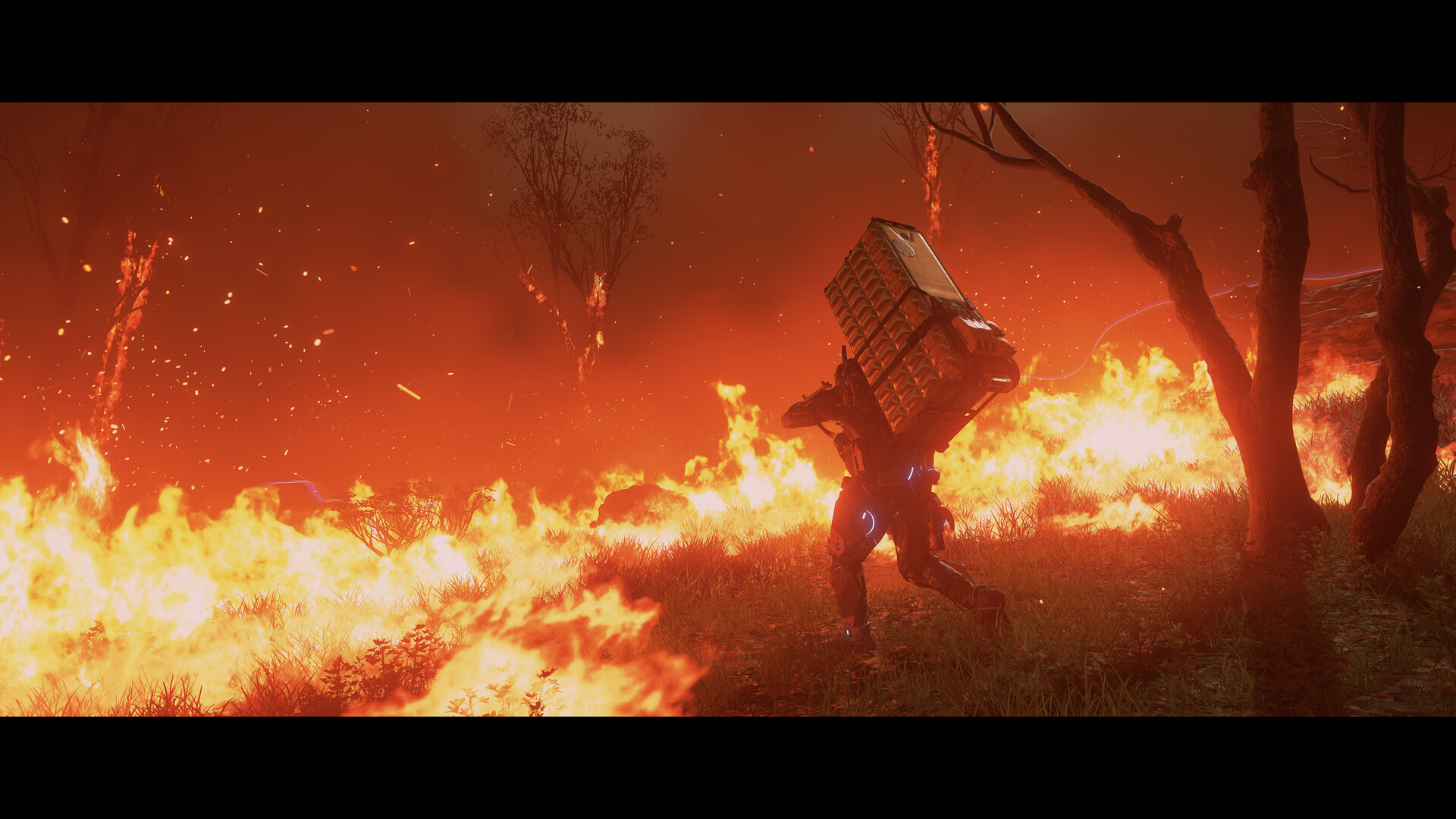 Un personnage traverse un paysage ravagé par le feu.