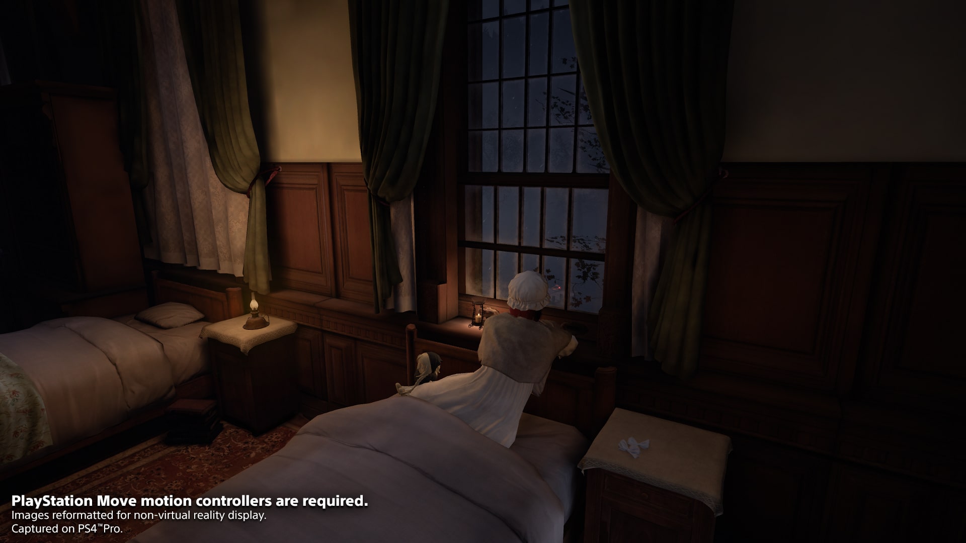Vue à la première personne d’une chambre du pensionnat, avec une élève près d’un lit.