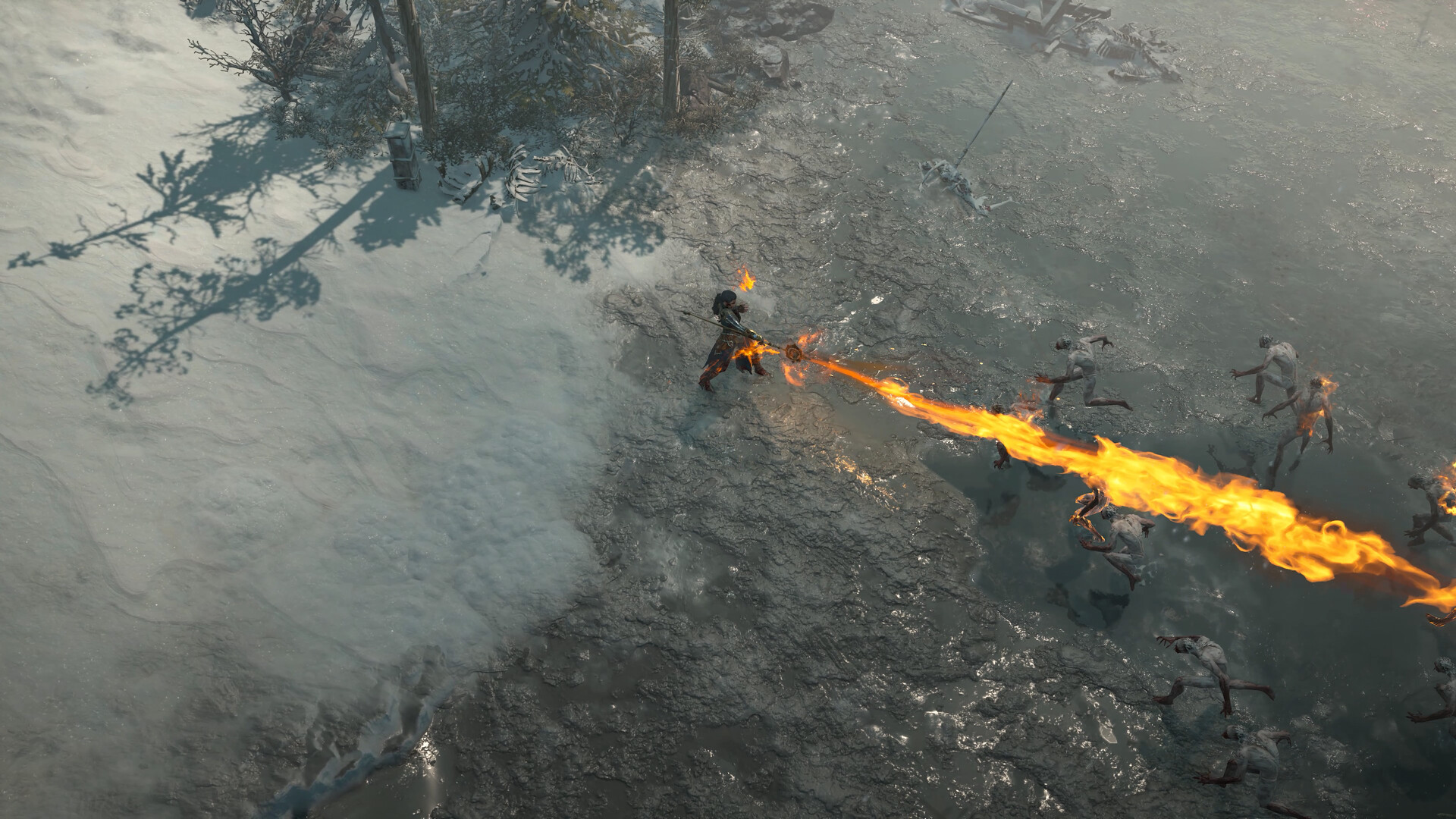 Un personnage lance un jet de flammes sur des ennemis.
