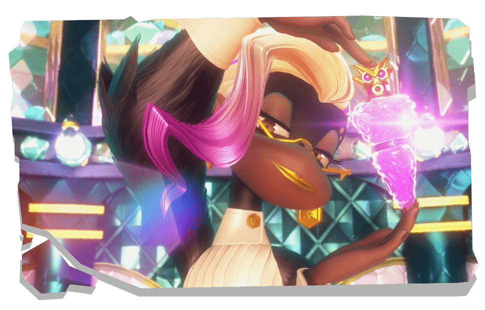 Illustration officielle d’un personnage aux cheveux clairs tenant un instrument rose.