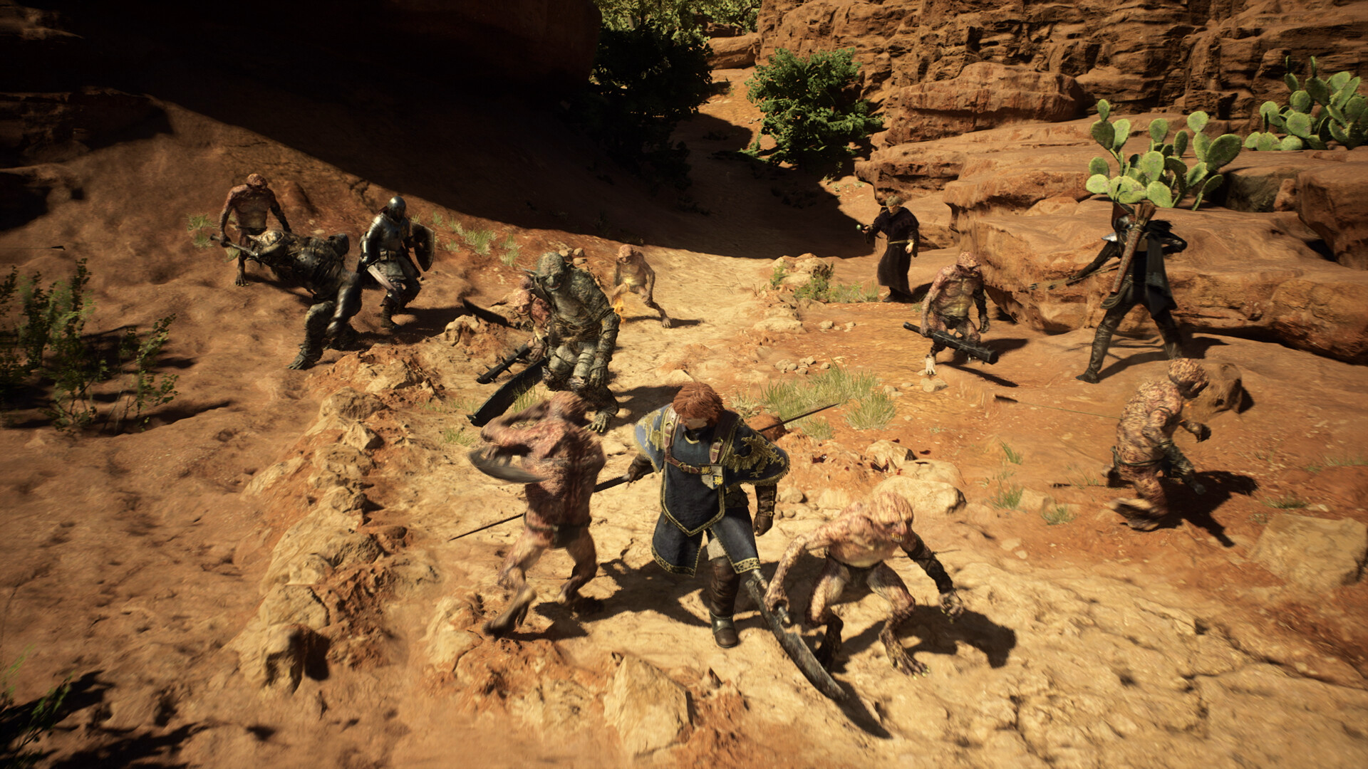 Un groupe de combattants affronte des créatures sur un terrain rocheux.