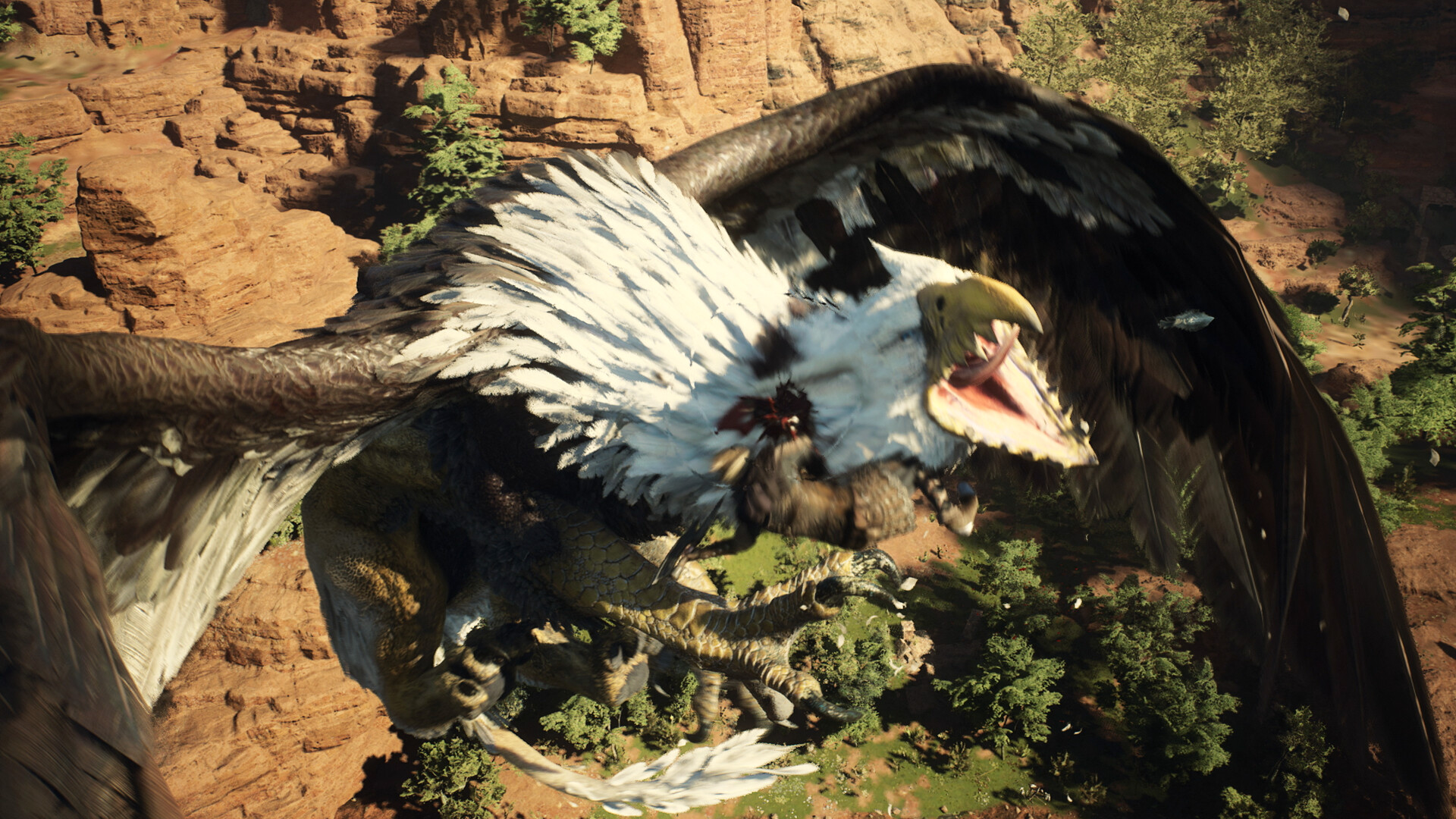 Un griffon déploie ses ailes au-dessus d’un combattant.