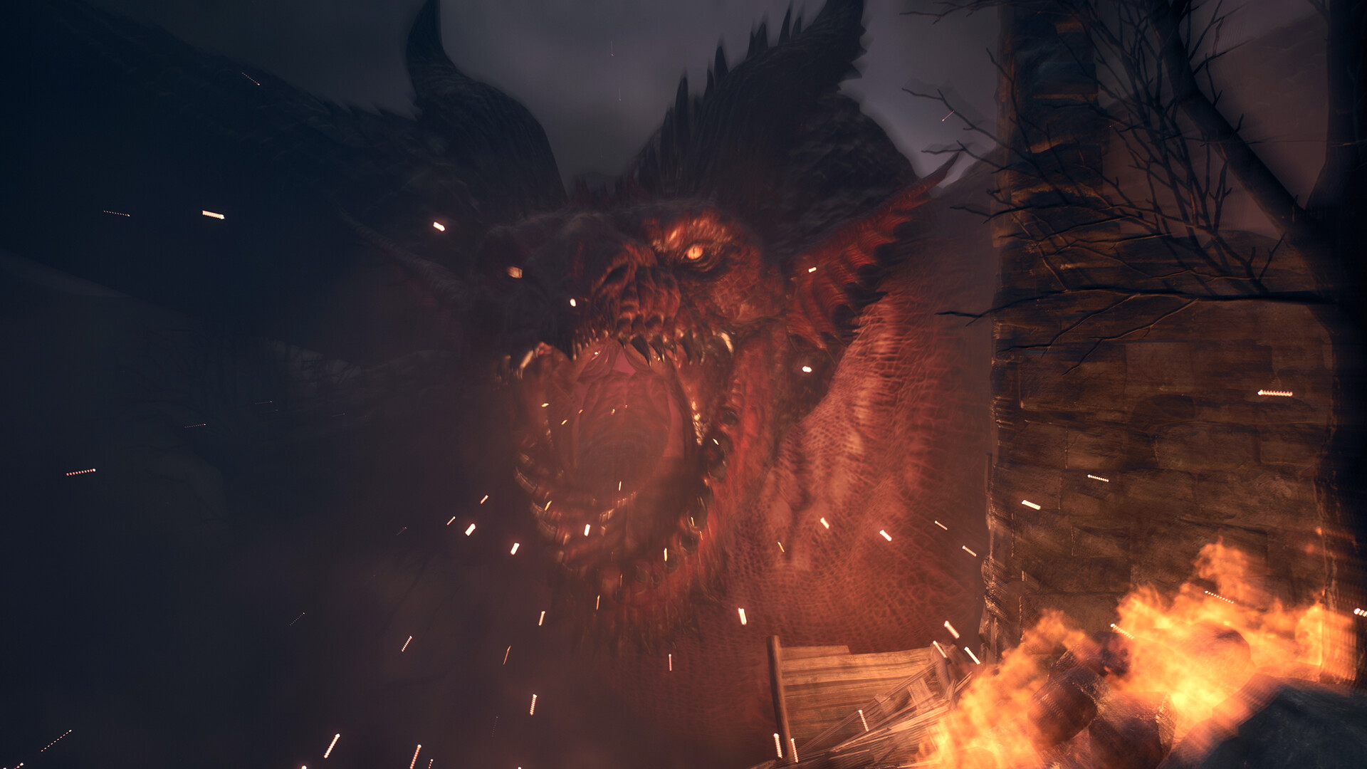 Un dragon au milieu des flammes dans la nuit.