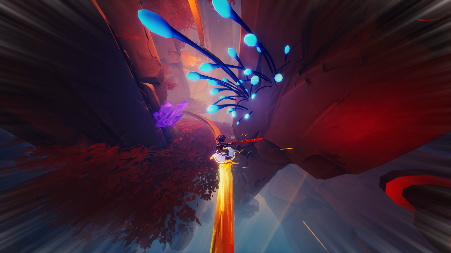Un personnage glisse dans un canyon aux plantes lumineuses.
