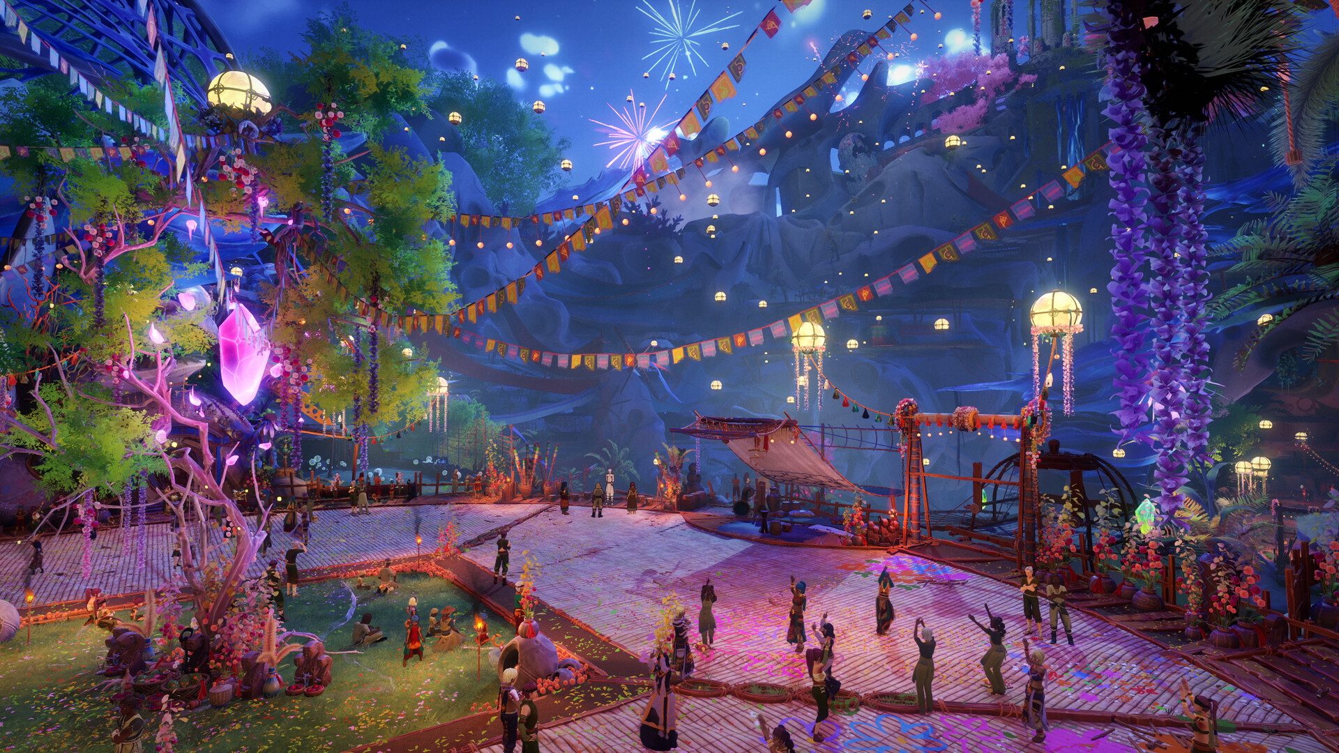 Des guirlandes illuminent un village pendant une fête.