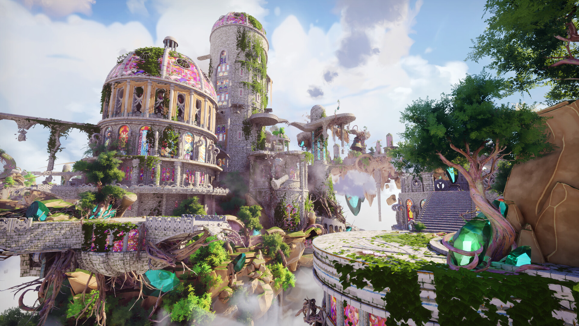 Des ruines arrondies dominent un paysage verdoyant.