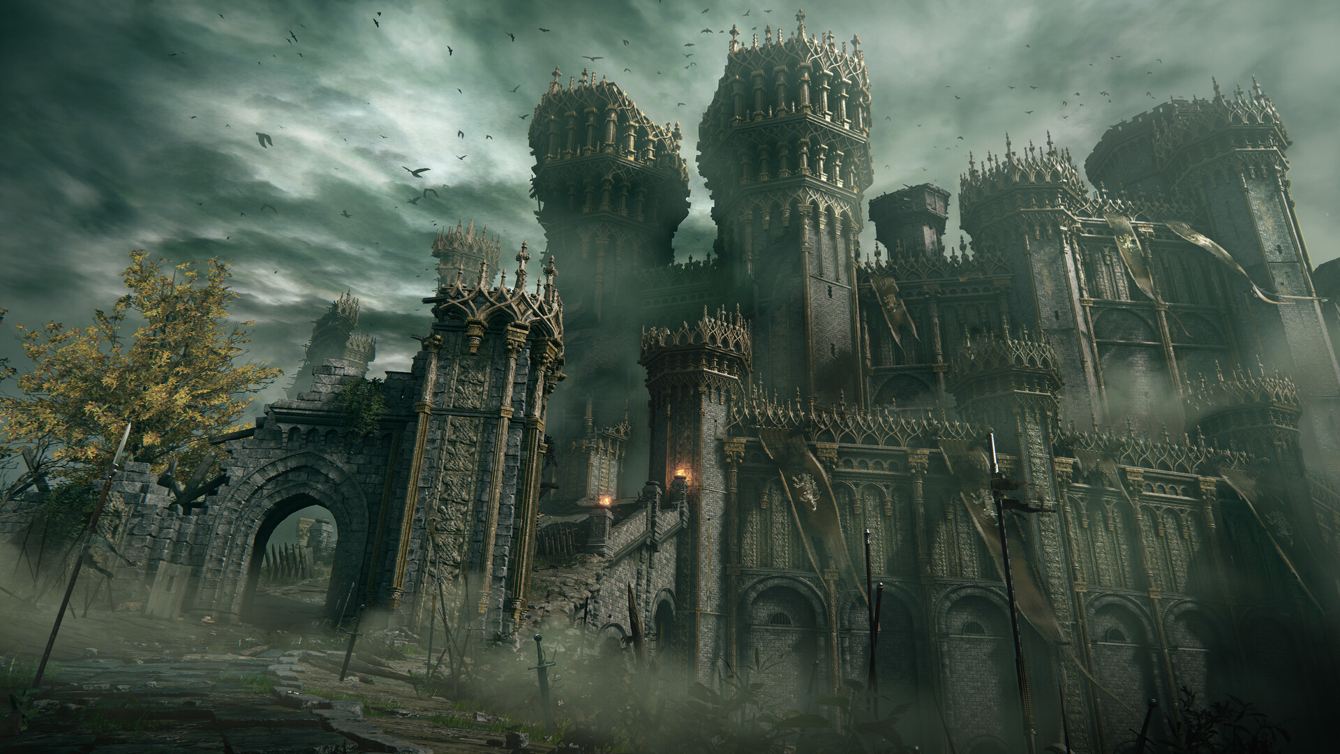 Une forteresse aux nombreuses tours domine un paysage gris.