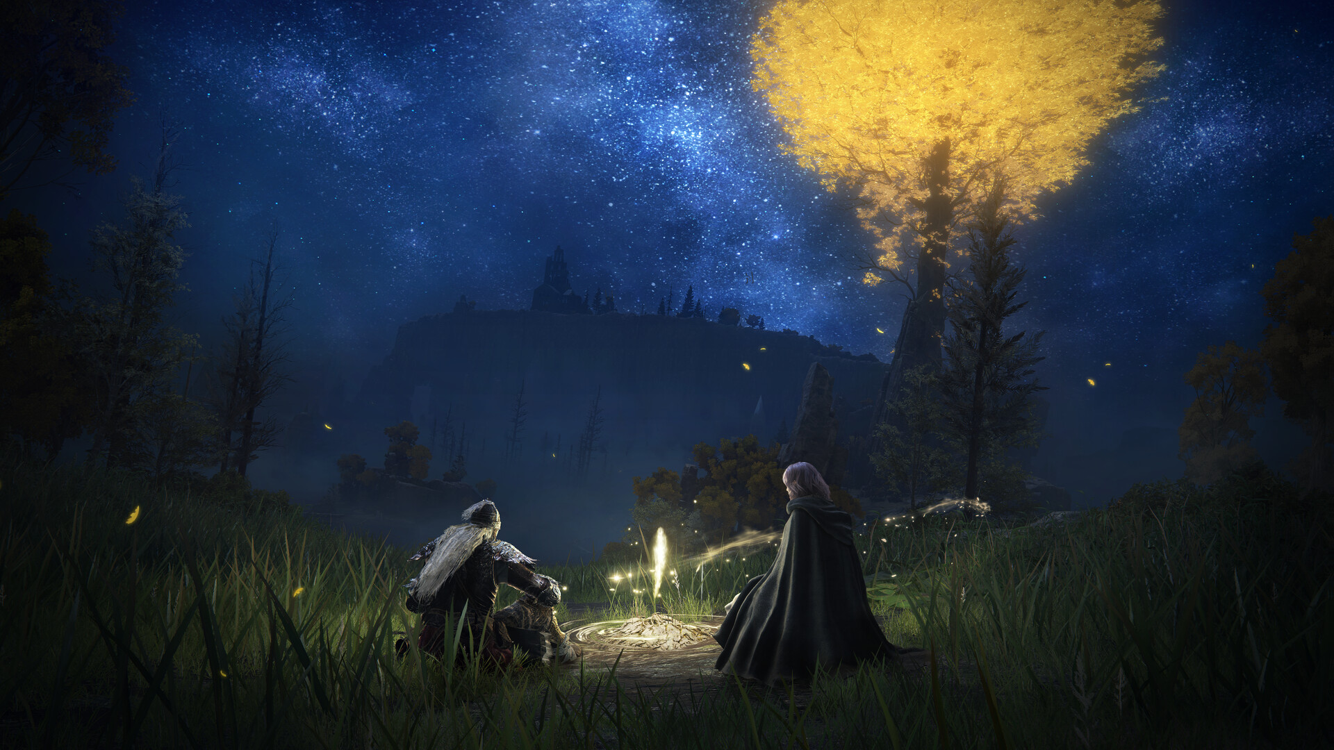 Des personnages se reposent sous un arbre doré dans la nuit.