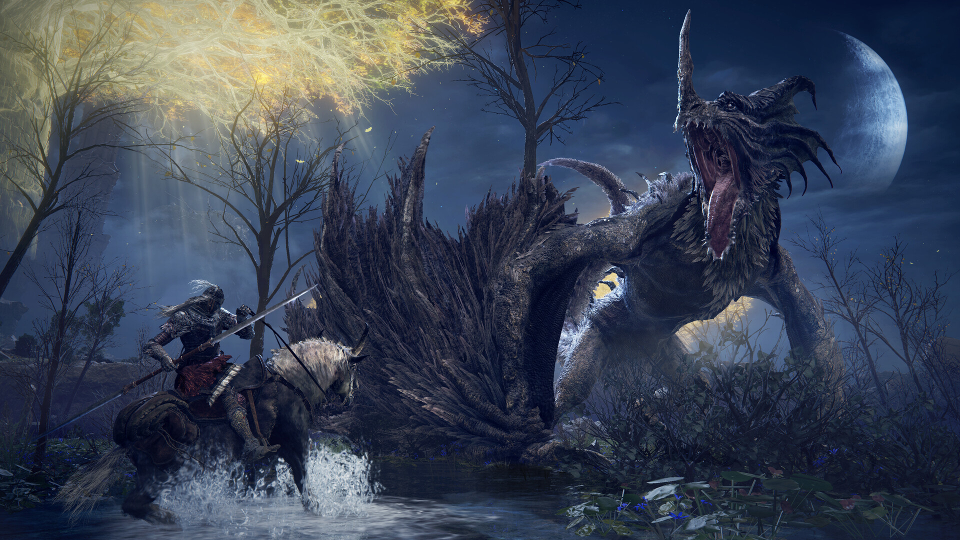 Un cavalier affronte un dragon près d’un arbre lumineux.