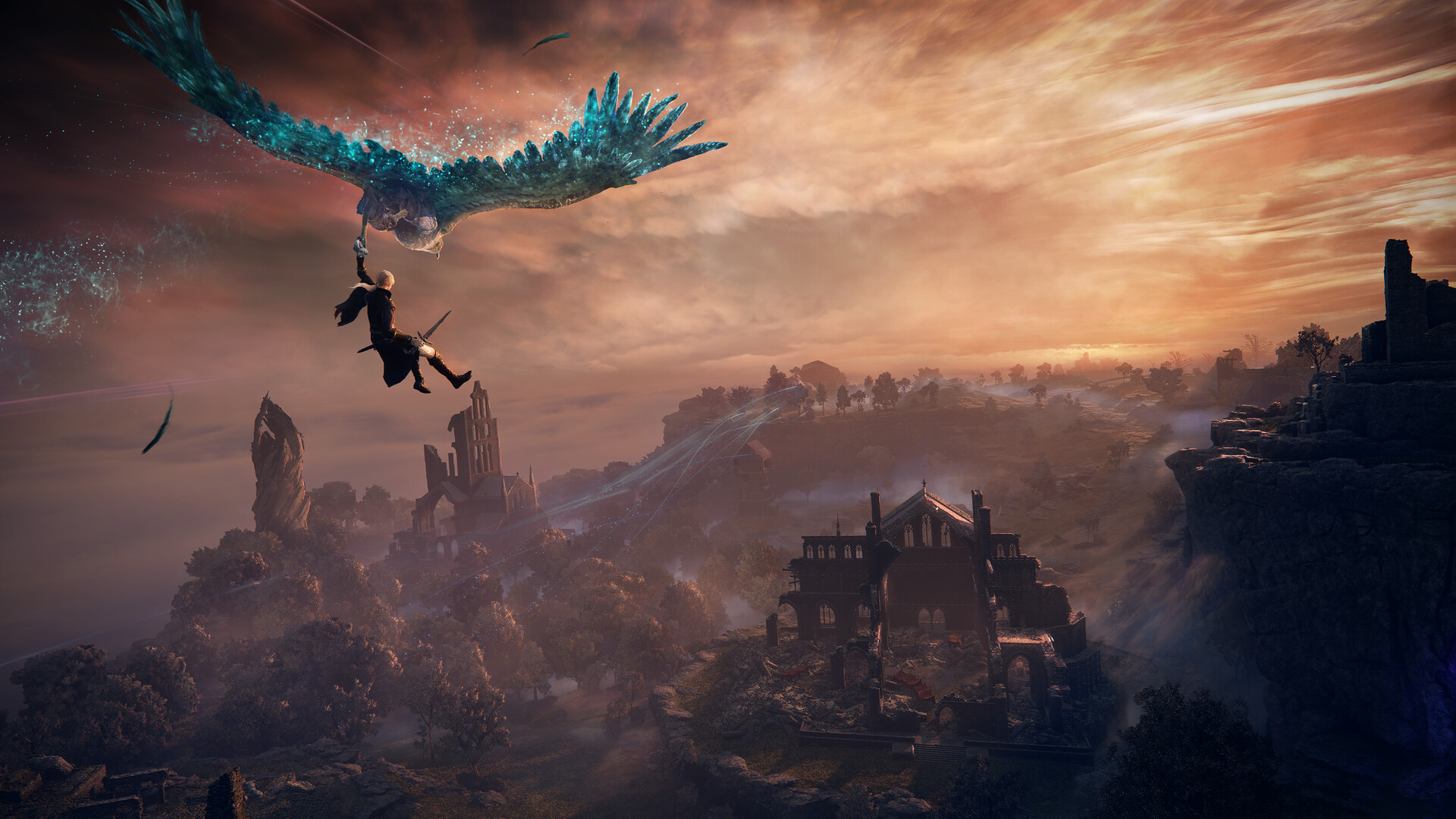 Un personnage survole une vaste forteresse au coucher du soleil.