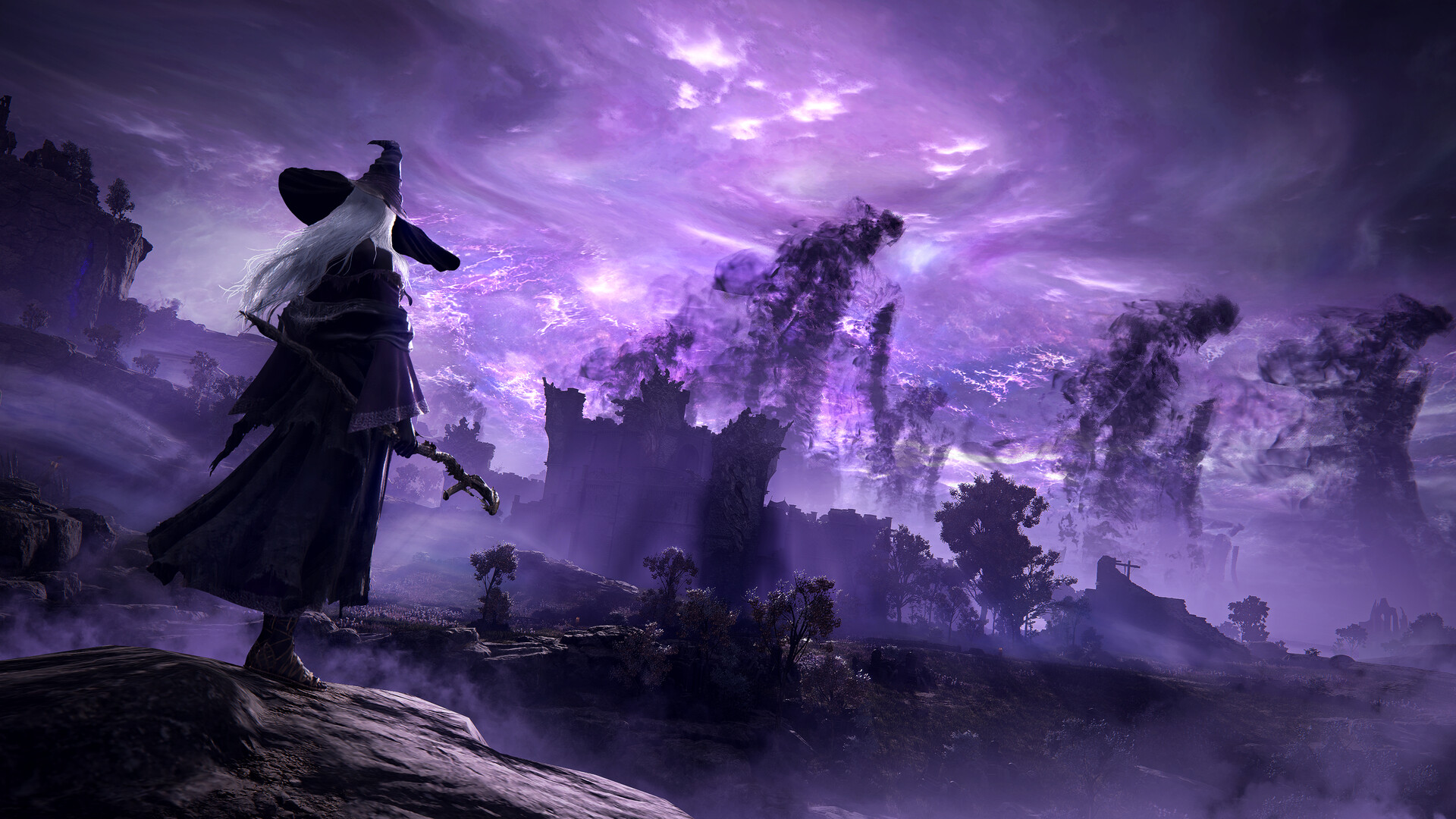 Un personnage contemple des éclairs violets autour d’une forteresse.