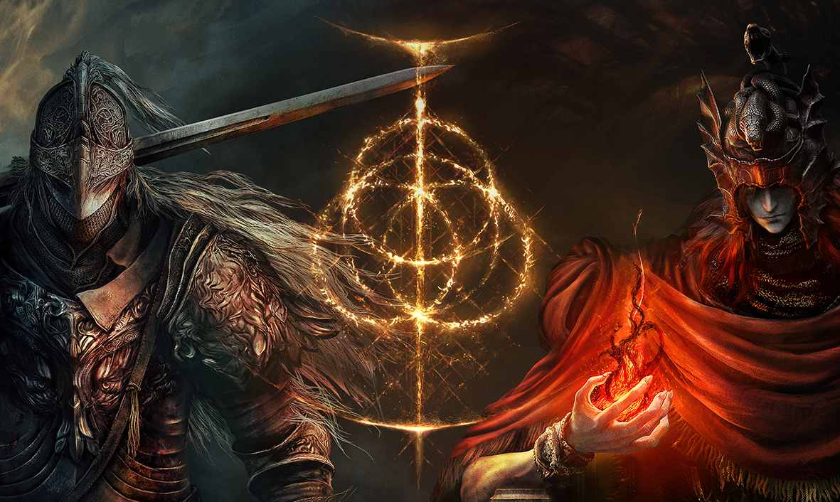 Illustration promotionnelle officielle complète de Elden Ring Tarnished Edition.