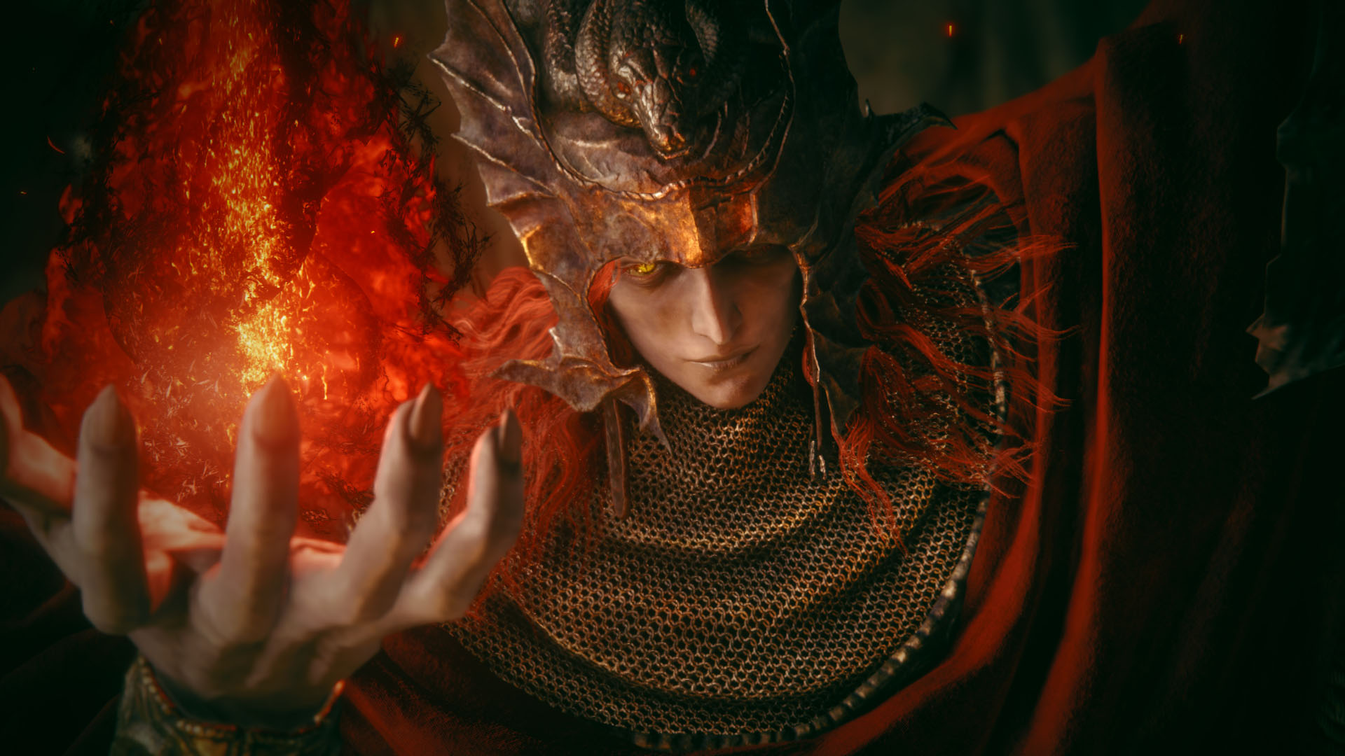 Gros plan cinématique sur un personnage aux cheveux rouges tenant une flamme.