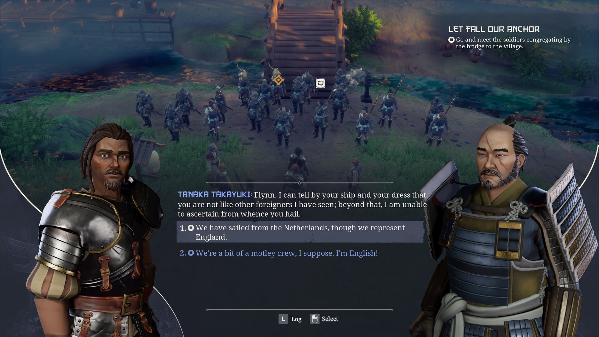 Une interface de dialogue apparaît pendant une rencontre entre guerriers.