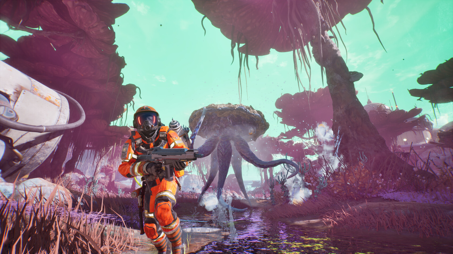 Un personnage en combinaison traverse un paysage extraterrestre.