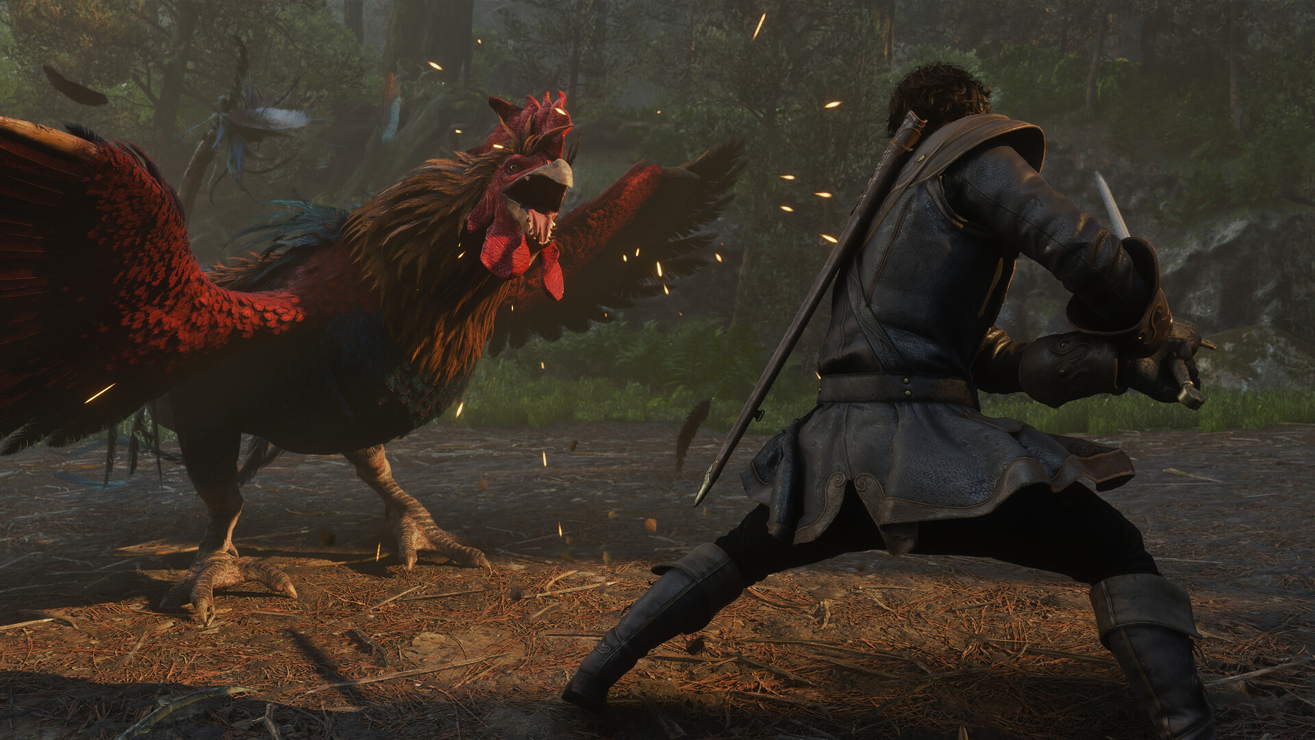 Un aventurier affronte un coq géant.