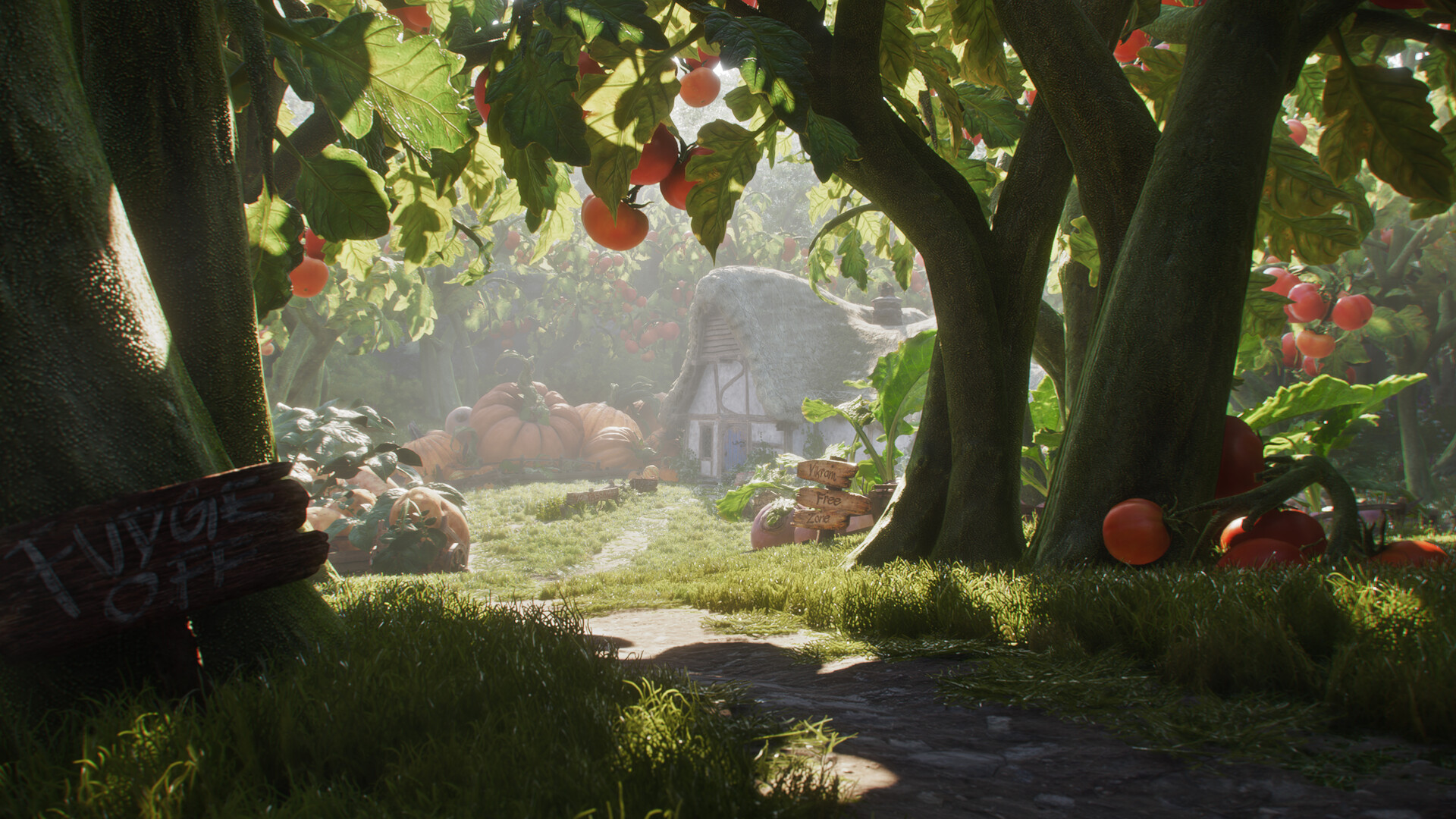 Des arbres fruitiers bordent un chemin.