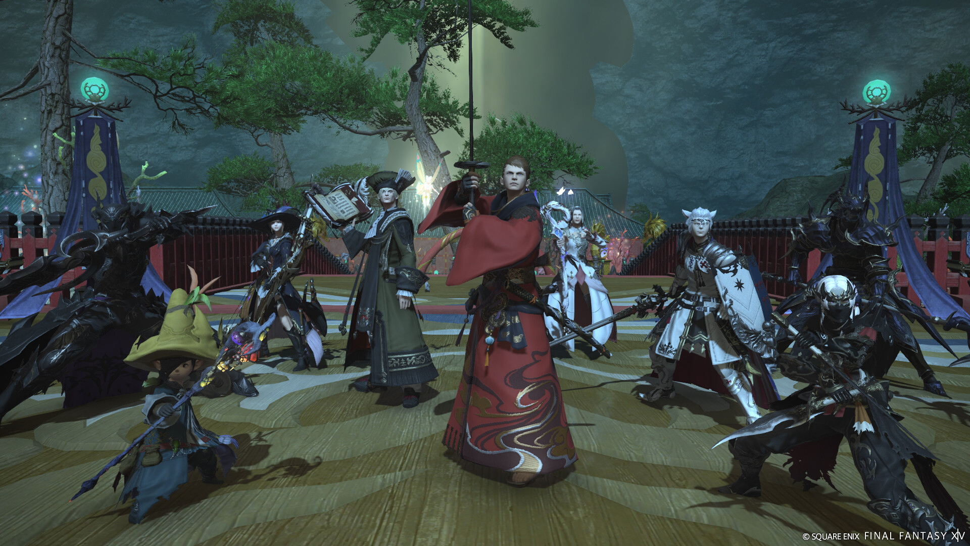 Groupe de personnages en extérieur — FINAL FANTASY XIV Online, visuel officiel