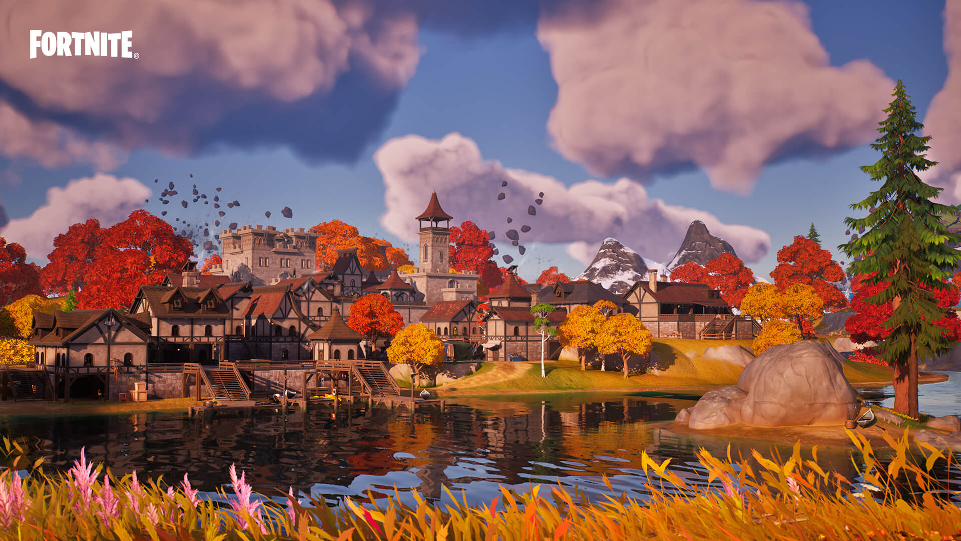 Village au bord de l’eau et arbres d’automne dans le Chapitre 4 de Fortnite
