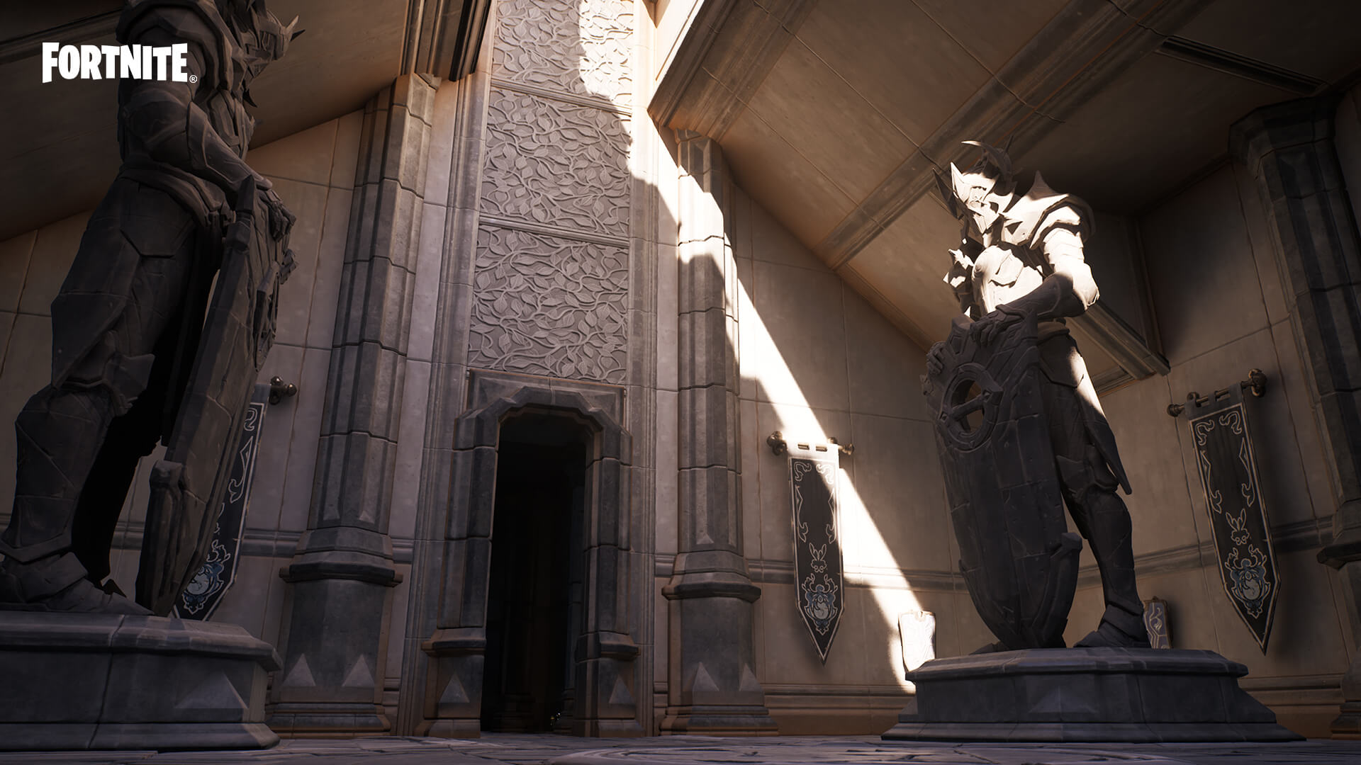 Salle de château, statues et lumière du soleil dans le Chapitre 4 de Fortnite