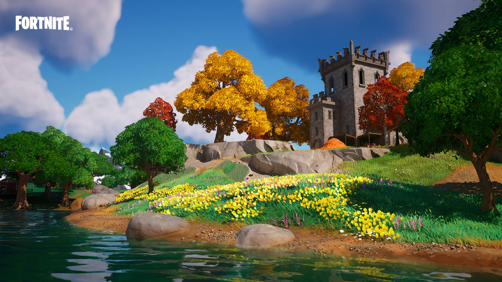 Prairie fleurie, rivière et château du Chapitre 4 de Fortnite
