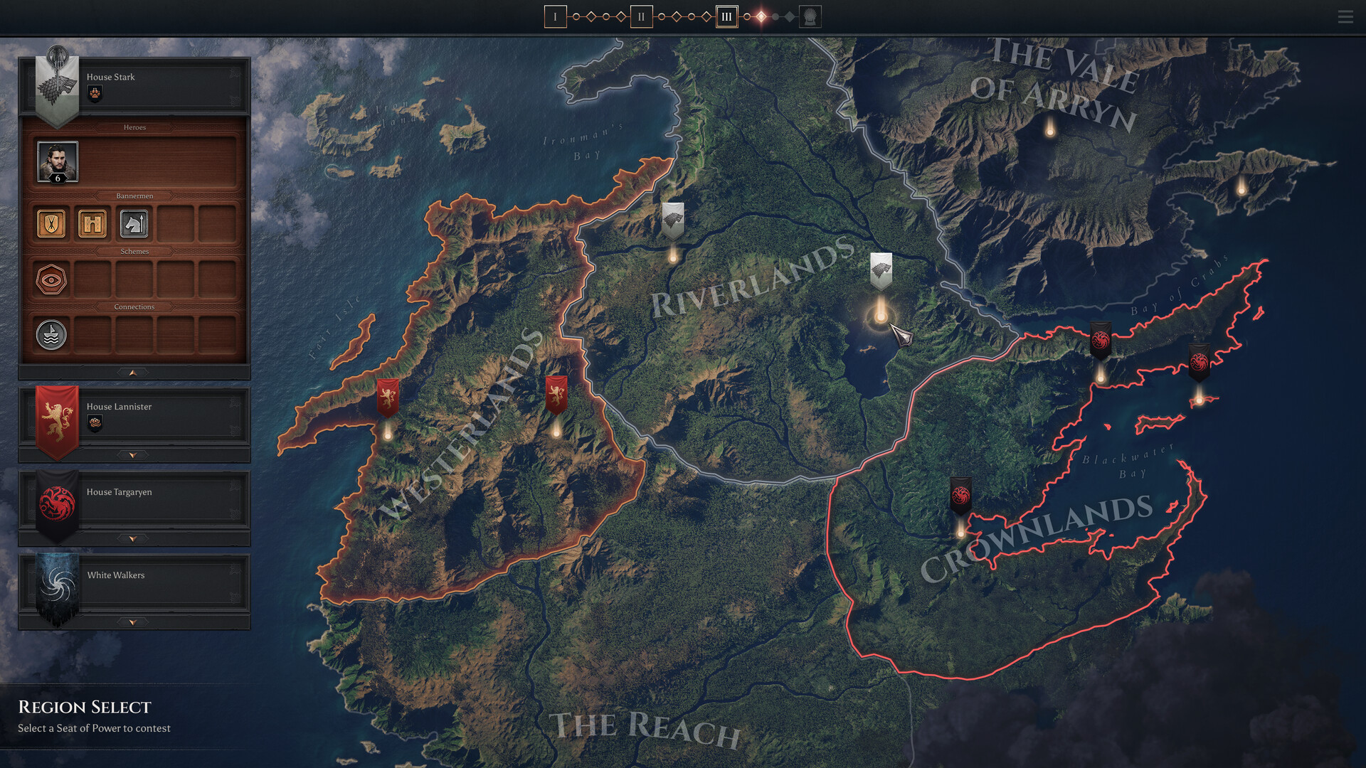 Une carte de campagne présente les territoires de Westeros.