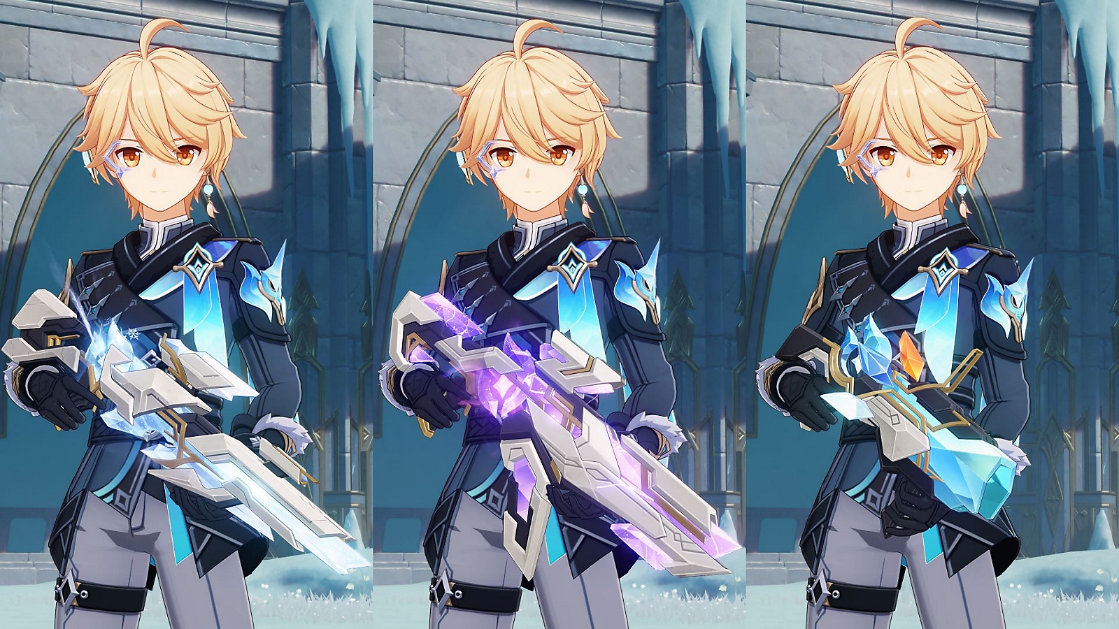 Présentation d’un personnage blond tenant trois armes différentes.