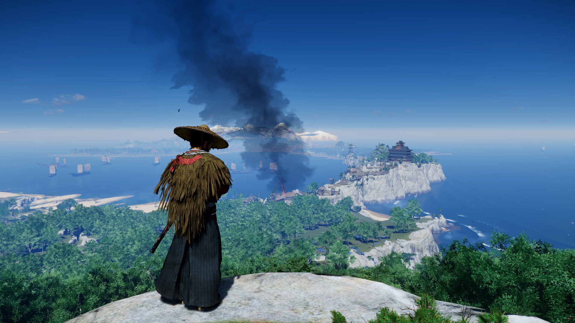 Un personnage observe des îles depuis un promontoire.