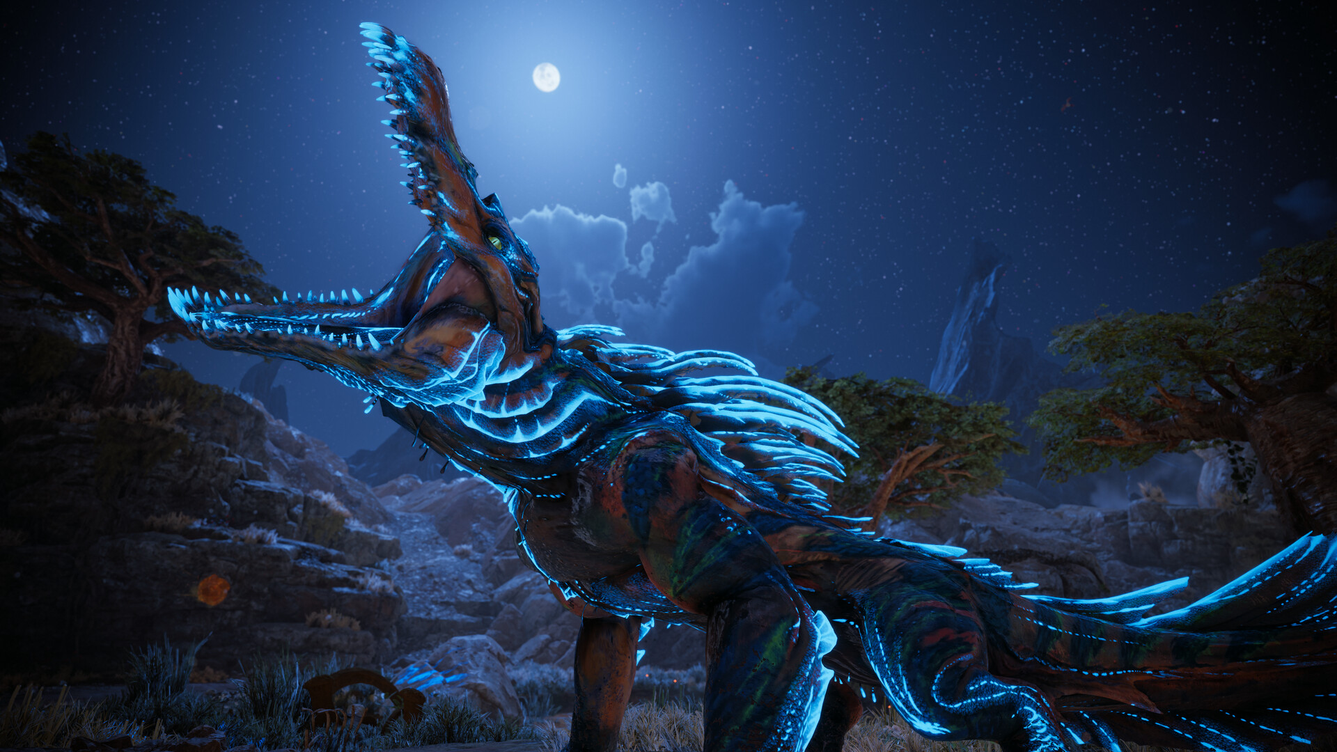 Une grande créature bleue se dresse sous la lune.