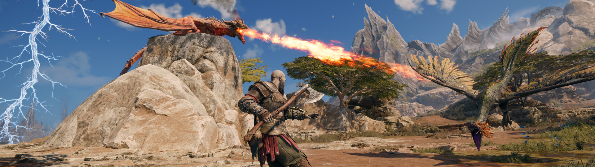Kratos affronte un dragon qui projette des flammes.