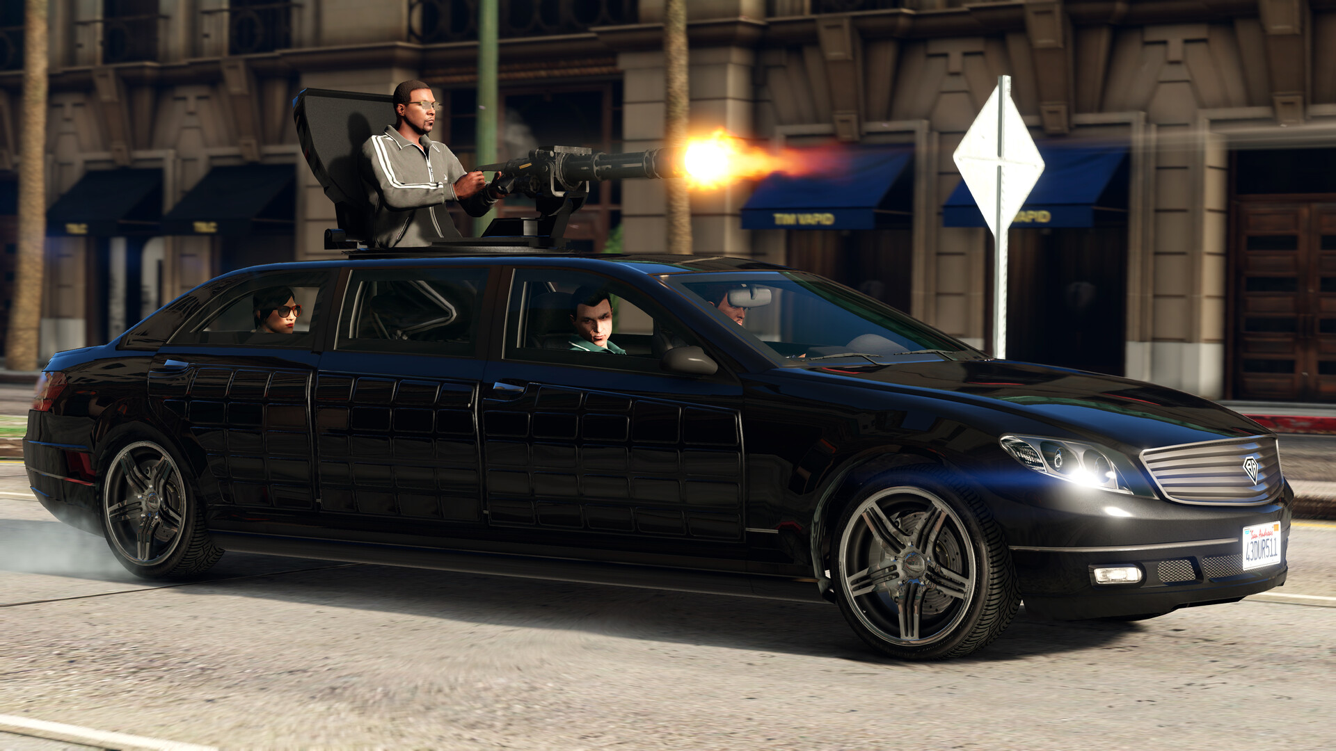 Un homme tire depuis une limousine.