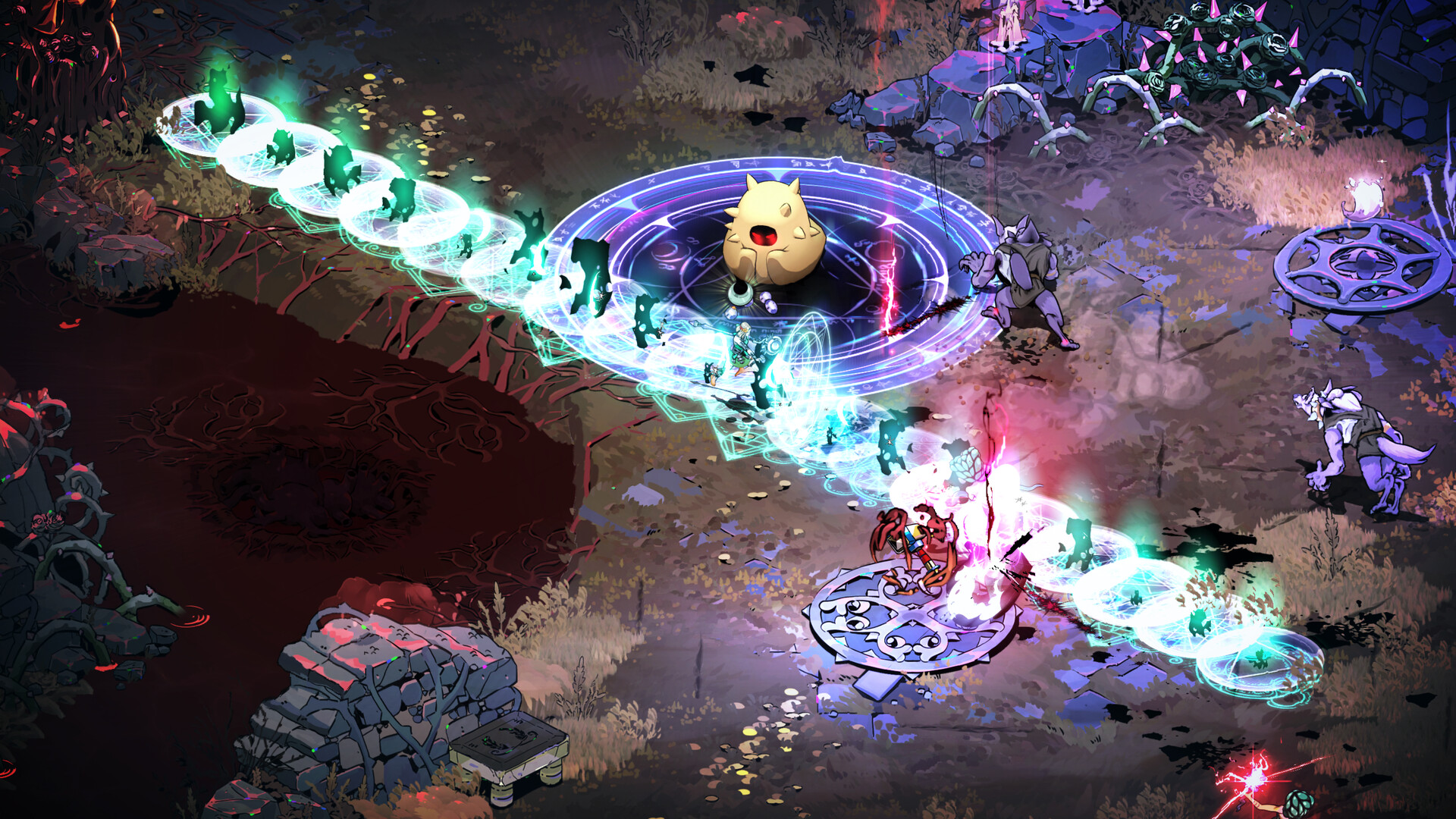 Combat magique et projectiles lumineux dans Hades II.