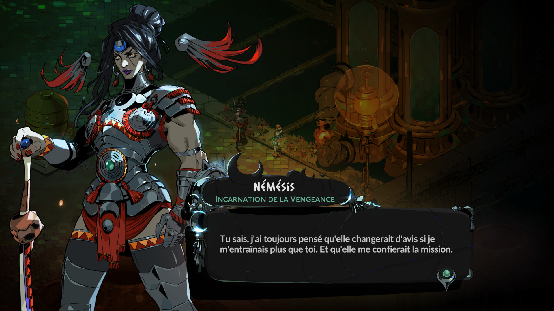 Dialogue en français avec Némésis dans Hades II.