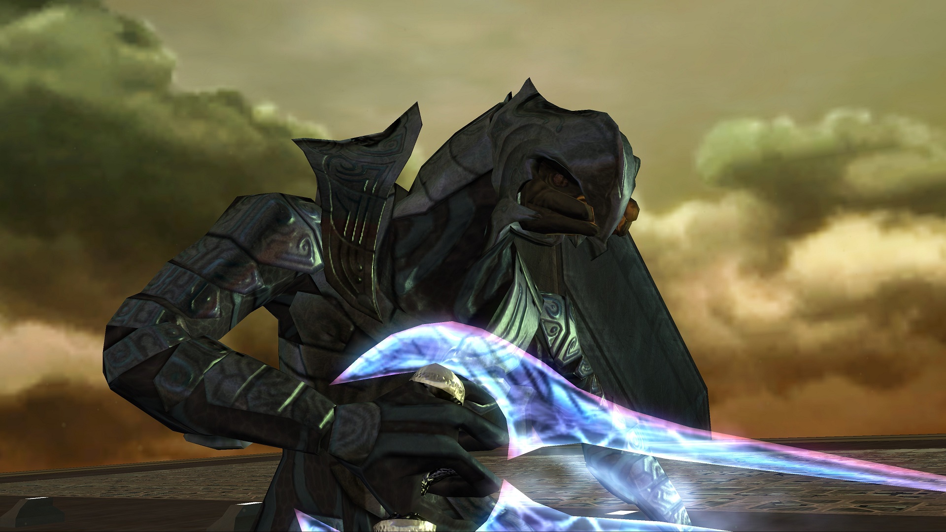 L’Arbiter en armure sombre tient une épée à énergie devant un ciel nuageux.