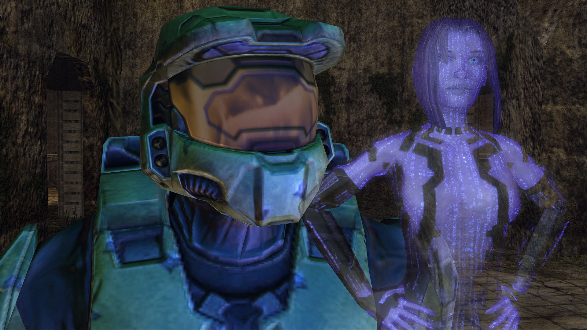 Le Major et l’hologramme violet de Cortana dans le rendu classique de Halo 2.
