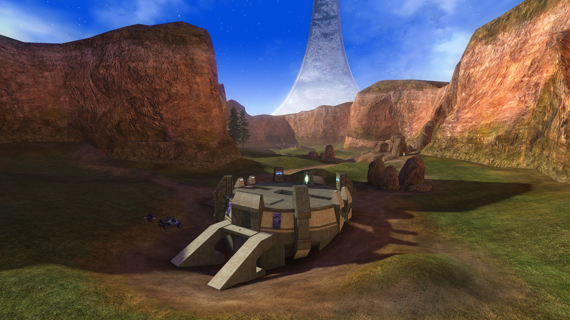 Une base multijoueur dans le canyon herbeux de Coagulation, sous l’anneau Halo.