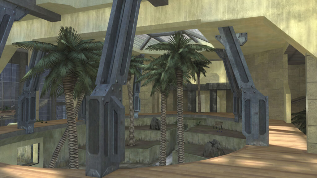 Palmiers, piliers gris et coursives de la carte multijoueur Ivory Tower de Halo 2.