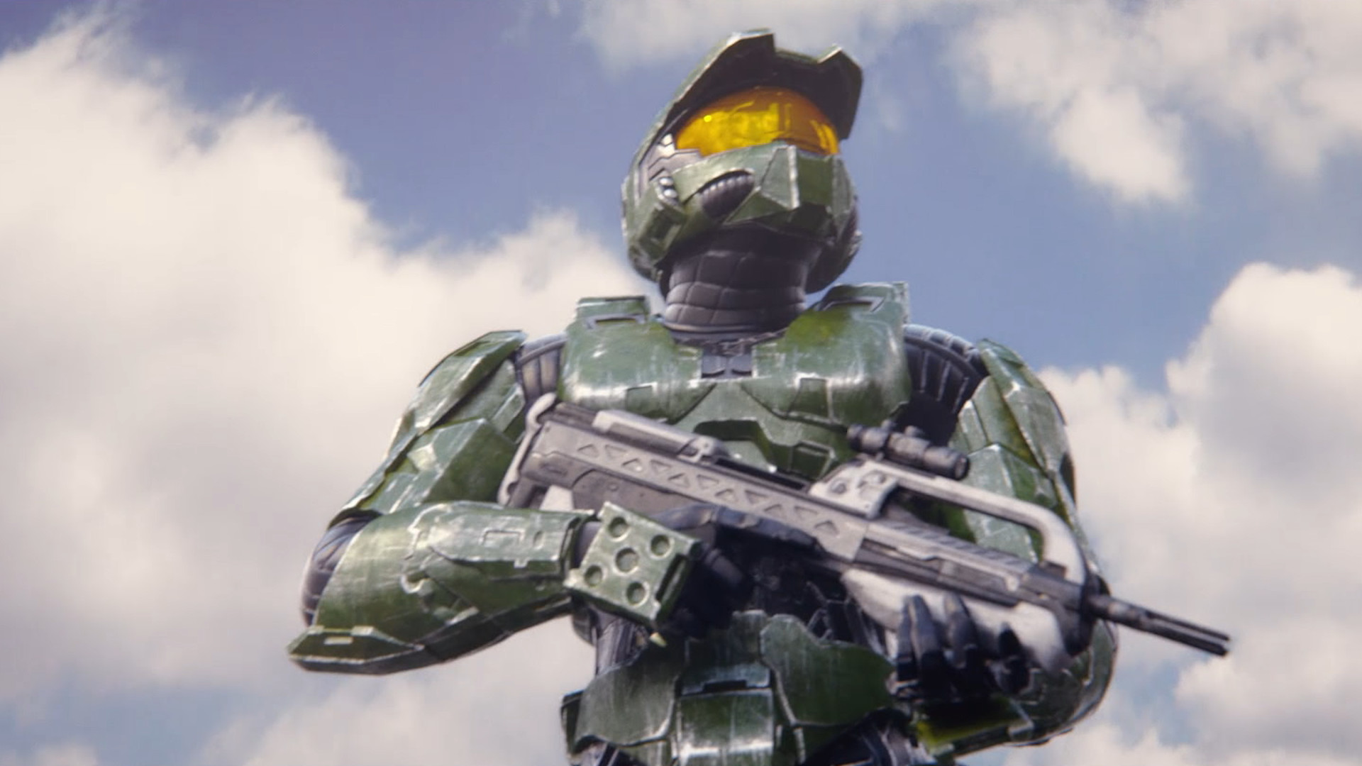 Cinématique de Halo 2: Anniversary dans MCC : le Major porte son fusil devant un ciel nuageux.