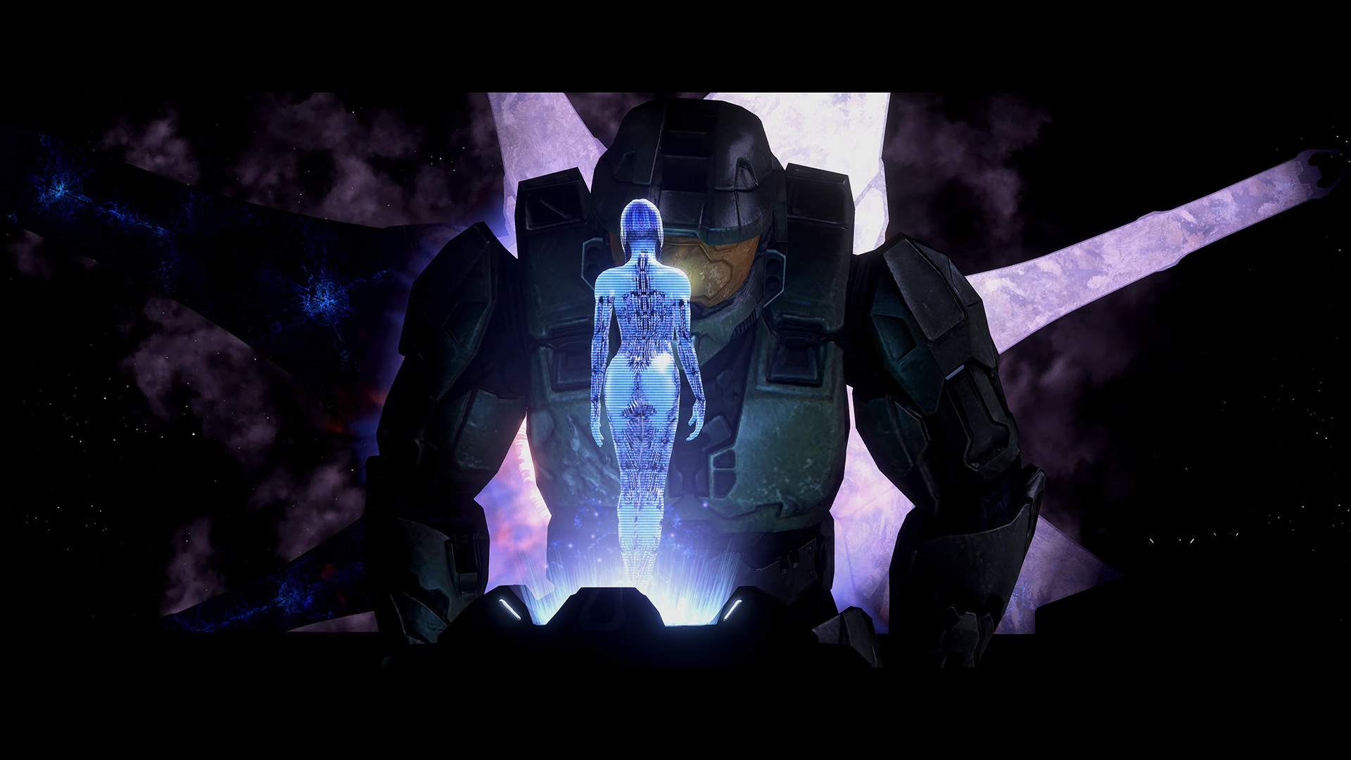 Cinématique de Halo 3 dans MCC : le Major tient l’hologramme bleu de Cortana dans sa main.