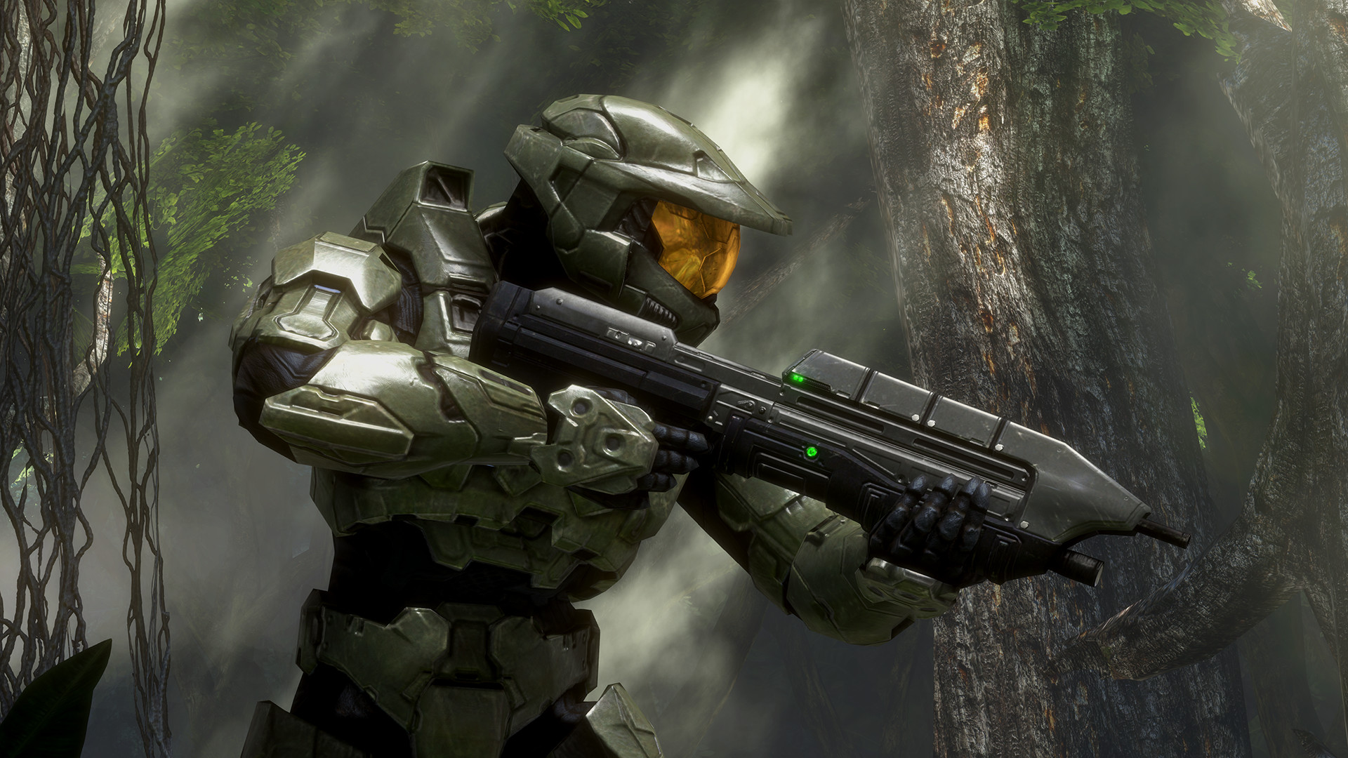 Halo 3 dans MCC : le Major avance dans une végétation dense, fusil prêt à tirer.